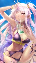 Rule 34 | 1girl, absurdres, antenna hair, arm up, armpits, azur lane, beach, bikini, blue sky, breasts, cameltoe, commentary request, cup, drinking, drinking straw, drinking straw in mouth, earrings, frilled bikini, frills, grenville (azur lane), hair intakes, highres, holding, holding cup, jewelry, large breasts, multicolored hair, navel, one eye closed, one side up, outdoors, pink hair, purple bikini, purple hair, purple nails, red eyes, sitting, sky, solo, stomach, streaked hair, swimsuit, takumi nosiro, tan