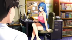 Rule 34 | 1boy, 1girl, aged up, blue hair, blue skirt, blush, breasts, brown eyes, brown hair, chair, cleavage, closed mouth, crossed legs, doukyuusei, game cg, highres, holding, holding pen, large breasts, long hair, looking at another, miniskirt, official art, pen, pencil skirt, pink shirt, shirt, sitting, skirt, sleeveless, sleeveless shirt, smile, straight hair, sumeragi kohaku, tamachi hiromi, white shirt