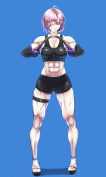 Rule 34 | 1girl, 702 96, abs, absurdres, bike shorts, black sports bra, breasts, commission, elbow gloves, fate/grand order, fate (series), full body, gloves, hair over one eye, highres, mash kyrielight, midriff, muscular, muscular female, navel, pixiv commission, purple eyes, purple gloves, purple hair, short hair, smile, solo, sports bra, sportswear