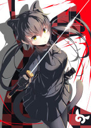 Rule 34 | 1girl, absurdres, animal ears, black bow, black gloves, black hair, black leopard (kemono friends), black pantyhose, black skirt, blush, bow, breasts, cat ears, cat tail, closed mouth, expressionless, extra ears, gloves, highres, holding, holding sword, holding weapon, kanzakietc, kemono friends, leopard ears, leopard tail, long hair, long sleeves, looking at viewer, medium breasts, pantyhose, skirt, solo, sword, tail, twintails, weapon, yellow eyes