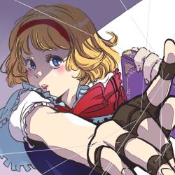 Rule 34 | 1girl, alice margatroid, blue eyes, blush, book, capelet, eyelashes, female focus, foreshortening, gloves, grimoire, hairband, half gloves, holding, holding book, jewelry, lips, looking at viewer, pointing, puppet rings, puppet strings, ring, shadow, solo, string, touhou, yukataro