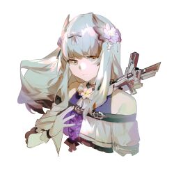 Rule 34 | 1girl, bare shoulders, belt, black belt, black bow, blonde hair, bow, center frills, chest belt, closed mouth, colored tips, expressionless, floating hair, flower, flower brooch, frills, gloves, grey bow, gun, hair bow, hair flower, hair ornament, hand on own chest, highres, lobelia (saclia), multicolored hair, off-shoulder shirt, off shoulder, open clothes, open shirt, original, purple flower, purple hair, purple undershirt, shirt, short sleeves, sidelocks, simple background, solo, turtleneck, upper body, waist bow, weapon, weapon on back, white background, white gloves, white shirt, white sleeves, wing hair ornament, yellow eyes