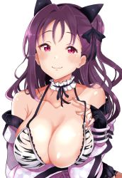 1girl, adapted costume, animal ears, arm under breasts, bangs, bare shoulders, bikini, bikini top, black gloves, black ribbon, blush, breast hold, breasts, cat ears, cleavage, closed mouth, collar, collarbone, dazzling white town, eyebrows visible through hair, fake animal ears, frilled collar, frills, gloves, hair down, hair ribbon, half gloves, half updo, highres, jacket, kazuno sarah, kuzu kow, large breasts, leaning forward, long hair, looking at viewer, love live!, love live! sunshine!!, love live! sunshine!! the school idol movie over the rainbow, off-shoulder jacket, purple hair, raised eyebrows, red eyes, ribbon, sidelocks, simple background, smile, solo, strap lift, swimsuit, tareme, upper body, white background