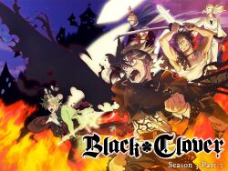 Rule 34 | 5boys, arms up, asta (black clover), black capelet, black clover, black headband, blue cloak, cape, capelet, cloak, corruption, demon boy, demon horns, demon wings, dual wielding, elf, facial mark, fairy wings, fighting stance, fire, flying, glowing, glowing crown, glowing sword, glowing weapon, grin, half crown, headband, highres, holding, holding sword, holding weapon, horns, katana, licht (black clover), long hair, looking ahead, lumiere silvamillion clover, male focus, midair, multiple boys, muscular, muscular male, official art, pants, pectorals, photokinesis, pointy ears, promotional art, red cape, royal robe, serious, short hair, shouting, sidepec, single horn, single wing, smile, sword, tank top, telekinesis, torn clothes, torn pants, two-handed sword, weapon, white tank top, wings, yami sukehiro, yuno (black clover)
