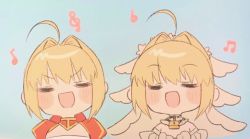 Rule 34 | 2girls, :d, ahoge, beamed eighth notes, blue background, blush stickers, chain, chibi, closed eyes, detached sleeves, eighth note, facing viewer, fate/extra, fate/extra ccc, fate (series), hair between eyes, hair intakes, highres, lock, multiple girls, musical note, nero claudius (bride) (fate), nero claudius (fate), nero claudius (fate) (all), nero claudius (fate/extra), open mouth, padlock, puffy sleeves, sidelocks, simple background, smile, treble clef, upper body, veil, white sleeves, yayoi maka