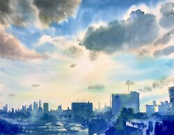 Rule 34 | apartment, blue sky, building, city, cityscape, cloud, cloudy sky, day, didi daisukedoi, highres, no humans, orange sky, original, painting (medium), sky, skyline, skyscraper, traditional media, watercolor (medium)