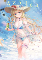 Rule 34 | 1girl, bendy straw, bikini, bikini under clothes, blonde hair, blue bikini, blue bow, blue sky, bow, breasts, brown hat, cherry, cleavage, closed mouth, cloud, cloudy sky, commentary request, cup, day, drinking glass, drinking straw, flower, food, frilled bikini, frills, fruit, green eyes, hat, hat bow, hat flower, highres, holding, holding cup, inagaki minami, long hair, medium breasts, navel, outdoors, red flower, see-through, sky, smile, solo, sousouman, straw hat, swimsuit, twinbox school, very long hair