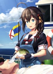 Rule 34 | 1boy, 1girl, admiral (kancolle), ahoge, animal, bad id, bad twitter id, black gloves, black serafuku, blue eyes, blue sky, blush, boat, braid, breasts, brown hair, bucket, cloud, commentary request, day, drinking, fingerless gloves, fish, fish spitting water, flag, gloves, hair between eyes, hair flaps, hair ornament, hair over shoulder, hair ribbon, hat, highres, holding, holding animal, holding fish, ichikawa feesu, kantai collection, lifebuoy, long hair, lying, medium breasts, meme, military, military uniform, naval uniform, neckerchief, on back, open mouth, outdoors, overalls, peaked cap, puffer fish, puffer fish vomiting water (meme), red neckerchief, remodel (kantai collection), revision, ribbon, school uniform, serafuku, shigure (kancolle), sidelocks, signal flag, single braid, sky, sleeve cuffs, smile, swim ring, uniform, water, watercraft, what