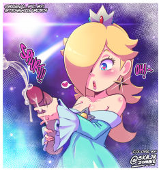 Rule 34 | 1boy, 1girl, artist name, bare shoulders, blonde hair, blue dress, blue eyes, blush, body blush, border, breasts, brooch, collarbone, colorized, cowboy shot, crown, cum, disembodied penis, dress, earrings, ejaculation, english text, erection, eyelashes, glint, hair over one eye, handjob, hearlesssoul, heart, heart-shaped pupils, hetero, highres, jewelry, large penis, long hair, long sleeves, looking at penis, mario (series), medium breasts, motion lines, nintendo, nose, off-shoulder dress, off shoulder, open mouth, penis, rosalina, shiny skin, shooting star, skajrzombie, solo focus, sound effects, speech bubble, spoken heart, star (sky), star (symbol), star earrings, sun, super mario galaxy, surprised, symbol-shaped pupils, thick lips, twitter username, two-handed handjob, uncensored, white border
