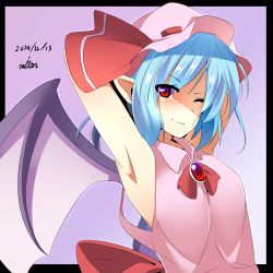 Rule 34 | 1girl, absurdres, adapted costume, armpits, arms behind head, arms up, bat wings, brooch, dated, dress, eyes visible through hair, hat, highres, jewelry, light purple hair, looking at viewer, miton (turuyasann), mob cap, pink dress, pointy ears, red eyes, remilia scarlet, short hair, sleeveless, sleeveless dress, slit pupils, smile, solo, stretching, touhou, wings