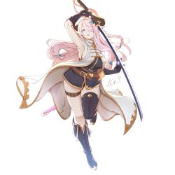 Rule 34 | 1girl, absurdres, armpits, artist name, asymmetrical footwear, belt, blue eyes, boots, braid, breasts, coat, commentary, draph, elbow gloves, fingerless gloves, full body, gloves, granblue fantasy, granblue fantasy versus, hair ornament, hair over one eye, highres, holding, holding sword, holding weapon, horns, katana, knee boots, large breasts, leg up, long hair, looking at viewer, narmaya (granblue fantasy), open mouth, pink hair, pointy ears, senacolada, sheath, signature, simple background, sleeveless, solo, sword, thigh boots, thigh strap, thighhighs, thighs, uneven footwear, weapon, white background