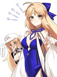 Rule 34 | 2girls, 710 ao, absurdres, ahoge, artoria caster (fate), artoria caster (swimsuit) (fate), artoria caster (swimsuit) (first ascension) (fate), artoria caster (swimsuit) (third ascension) (fate), artoria pendragon (fate), baseball cap, bikini, blue bow, blue one-piece swimsuit, blush, bow, breasts, cleavage, closed mouth, commentary request, covered navel, cropped jacket, dual persona, facial mark, fate/grand order, fate (series), forehead mark, green eyes, hair bow, hat, highres, jacket, long hair, looking at viewer, medium breasts, multiple girls, off shoulder, one-piece swimsuit, parted bangs, simple background, smile, star (symbol), swimsuit, thought bubble, translation request, twintails, v, very long hair, white background, white bikini, white headwear, white jacket