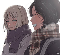 Rule 34 | 2girls, black hair, blurry, blush, closed mouth, coat, depth of field, enpera, from side, green eyes, grey hair, kumagai yuuko, looking at viewer, multiple girls, nasu rei, open mouth, plaid, plaid scarf, profile, purple scarf, scarf, short hair, side-by-side, simple background, smile, snowing, solo focus, upper body, white background, winter clothes, world trigger, yk no yd