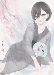 Rule 34 | 1girl, black eyes, black hair, black kimono, braid, branch, cherry blossoms, commentary request, double exposure, feet out of frame, fish, hair between eyes, hand fan, highres, holding, holding fan, japanese clothes, kimono, looking at viewer, medium hair, original, paper fan, parted lips, ripples, seal impression, see-through, see-through kimono, signature, sitting, solo, uchiwa, ushiyama ame, water, yokozuwari