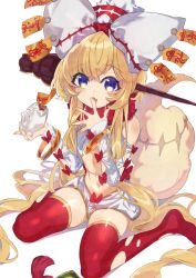 Rule 34 | 10s, 1girl, animal ears, bad id, bad pixiv id, blonde hair, blue eyes, blush, bow, bracelet, center opening, commentary request, dress, dumpling, food, fox ears, fox girl, fox tail, gold trim, hair ornament, highres, holding, holding food, jewelry, kinokoko-kino, last period, licking, licking finger, long hair, looking at viewer, microdress, navel, ofuda, open mouth, red thighhighs, ribbon, scar, scar on stomach, scarf, simple background, sitting, solo, tail, thighhighs, tongue, tongue out, torn clothes, torn thighhighs, twintails, uuryuu (last period), very long hair, wariza