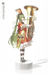 Rule 34 | 1girl, absurdres, band uniform, christmas, commentary, dress, english commentary, full body, green eyes, green hair, hat, hatsune miku, highres, holding, holding instrument, instrument, kieed, long hair, looking at viewer, music, pedestal, playing instrument, red dress, red hat, ribbon, shadow, shako cap, sideways glance, solo, standing, striped clothes, striped legwear, striped thighhighs, tag, thighhighs, tuba, twintails, two-tone legwear, very long hair, vocaloid, white background, winder, winding key