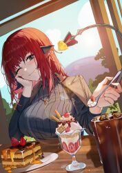 1girl absurdres animal_ears black_jacket blue_sky blush breasts cake cake_slice cheese closed_mouth food green_eyes hand_on_own_cheek hand_on_own_face highres holding holding_spoon ice_cream indoors jacket jane_doe_(zenless_zone_zero) jewelry large_breasts looking_at_viewer maanu mouse_ears mouse_girl mouse_tail necklace official_alternate_costume one_eye_closed shadow sitting sky smile solo spoon sunlight table tail wig zenless_zone_zero