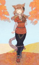 Rule 34 | 1girl, animal ears, arm behind back, autumn, brown hair, cat ears, cat tail, choker, earrings, closed eyes, facing viewer, final fantasy, final fantasy xiv, flower, hair flower, hair ornament, highres, jewelry, long hair, miqo&#039;te, mozuku (mozuuru0323), open mouth, outdoors, solo, standing, tail, twintails