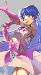 Rule 34 | 1girl, :d, blue hair, blush, breasts, choujikuu yousai macross, dress, earrings, elbow gloves, female focus, gloves, highres, holding, jewelry, jj (ssspulse), long hair, looking ahead, lynn minmay, macross, macross: do you remember love?, medium breasts, microphone, music, off shoulder, open mouth, pink gloves, simple background, singing, smile, solo, very long hair, white dress