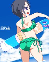 Rule 34 | 1girl, absurdres, artist logo, artist name, ass, back, bikini, blue eyes, blue sky, cloud, cloudy sky, commentary request, cowboy shot, dated, day, dutch angle, emblem, from behind, girls und panzer, glasses, green bikini, grey hair, highres, holding, inflatable toy, looking at viewer, looking back, ocean, one-hour drawing challenge, open mouth, partial commentary, round eyewear, rumi (girls und panzer), selection university (emblem), shiroobi (whitebeltmaster), short hair, side-tie bikini bottom, sky, smile, solo, standing, swimsuit, thighs, wading