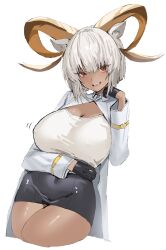 Rule 34 | 1girl, animal ears, arknights, arm under breasts, black gloves, black skirt, breasts, carnelian (arknights), cleavage, cleavage cutout, clothing cutout, coat, commentary request, curled horns, dark-skinned female, dark skin, gloves, goat ears, goat girl, goat horns, gold horns, highres, horn/wood, horns, huge horns, large breasts, looking at viewer, microskirt, open mouth, red eyes, shirt, short hair, simple background, skirt, smile, solo, white background, white coat, white hair, white shirt