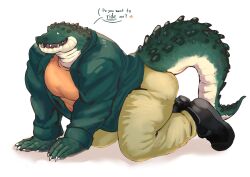 Rule 34 | 1boy, all fours, ass, bara, black footwear, draw your babygirl (meme), english text, fingernails, from side, full body, furry, furry male, galos (sonchai), green shirt, highres, large pectorals, large tail, lizardman, long sleeves, looking at viewer, male focus, meme, muscular, muscular male, open clothes, open shirt, orange shirt, original, pants, pectorals, reptile boy, sharp fingernails, shirt, simple background, smile, solo, sonchai (asha sonchai173), tail, thick thighs, thighs, white background, yellow pants