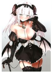 Rule 34 | 1girl, absurdres, bat wings, black gloves, black thighhighs, blunt bangs, breasts, cane, choker, cleavage, corset, cowboy shot, demon girl, detached sleeves, dress, elbow gloves, garter straps, gloves, gradient background, grey eyes, hand to own mouth, highres, horns, large breasts, original, scan, short dress, shunsei (muratou), sidelocks, simple background, solo, strapless, strapless dress, thighhighs, white background, white hair, wings, zettai ryouiki
