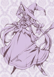 Rule 34 | 1girl, absurdres, alfa system, braid, broom, dress, fujieda miyabi, fumiko odette vanstein, glasses, hat, highres, long hair, looking at viewer, monochrome, purple theme, shikigami no shiro, smile, solo, very long hair, witch hat