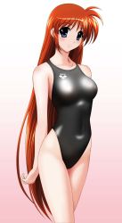 Rule 34 | 00s, 1girl, arena (company), black one-piece swimsuit, blue eyes, blush, breasts, collarbone, competition swimsuit, gradient background, highleg, highleg swimsuit, highres, jpeg artifacts, long hair, looking at viewer, lyrical nanoha, mahou shoujo lyrical nanoha, mahou shoujo lyrical nanoha strikers, medium breasts, non-web source, one-piece swimsuit, pink background, purple eyes, red hair, smile, solo, standing, swimsuit, takamachi nanoha, third-party edit, very long hair