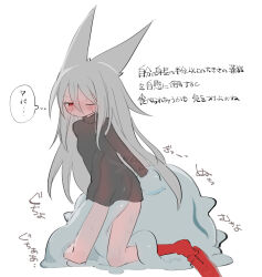 Rule 34 | 1girl, abysmal, animal ears, black shirt, blush, closed mouth, creature, grey hair, hair between eyes, half-closed eye, highres, kokaki mumose, long hair, long sleeves, moneko (null-meta), no pants, one eye closed, red eyes, red socks, shirt, shoes, unworn shoes, simple background, sneakers, socks, solo, sweat, tentacles, tentacles under clothes, translation request, trapped, turtleneck, v-shaped eyebrows, very long hair, white background