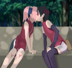Rule 34 | 2girls, arm support, artist request, bare arms, bare legs, bench, black hair, blush, boruto: naruto next generations, breasts, child on child, closed eyes, collared dress, collared vest, detached sleeves, dress, feet out of frame, flat chest, from side, glasses, groin, hand on own leg, hand on own thigh, haruno sakura, incest, kiss, mother and daughter, multiple girls, naruto, naruto (series), nature, parent and child, pink hair, short hair, shorts, sitting, sitting on object, sleeveless, sleeveless dress, small breasts, thighhighs, time paradox, tree, tree shade, uchiha sarada, vest, white shorts, yuri, zipper