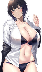 Rule 34 | 1girl, absurdres, asaka karin, black bra, black hair, black jacket, black panties, blue eyes, blush, bra, breasts, closed mouth, collared shirt, commentary request, hand up, highres, jacket, large breasts, long sleeves, looking at viewer, love live!, love live! nijigasaki high school idol club, medium hair, namazu (yamasonson), navel, open clothes, open shirt, panties, shirt, simple background, smile, solo, underwear, white background, white shirt