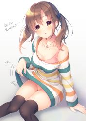 Rule 34 | 1girl, :o, bare shoulders, black thighhighs, blue scrunchie, breasts, brown eyes, brown hair, cleavage, clothes lift, collarbone, commentary request, dress, dress lift, feet out of frame, hair between eyes, hair ornament, hair scrunchie, heart, highres, idolmaster, idolmaster cinderella girls, jewelry, knees together feet apart, lifted by self, long sleeves, looking at viewer, mizukoshi mayu, no panties, off shoulder, parted lips, pendant, scrunchie, sleeves past wrists, solo, striped clothes, striped dress, thighhighs, totoki airi, translation request, twintails, white background
