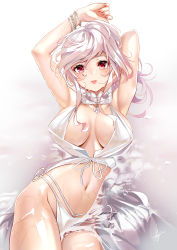 Rule 34 | 1girl, armpits, arms up, bikini, blush, bracelet, breasts, cleavage, fingernails, grey hair, highres, jewelry, koji (kojikojimdw), large breasts, lips, long fingernails, long hair, looking at viewer, lying, nail polish, navel, on back, original, parted lips, red eyes, red nails, signature, solo, stomach, swimsuit, water, wet, white bikini