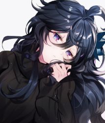 Rule 34 | 1girl, ahoge, black hair, black sweater, blue flower, blush, closed mouth, commentary, elsword, flower, grey background, hair between eyes, hair flower, hair ornament, hand up, head tilt, laby (elsword), long sleeves, looking at viewer, nisha (elsword), paraffin, purple eyes, ribbed sweater, simple background, sleeves past wrists, solo, sweater, turtleneck, turtleneck sweater