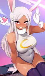 Rule 34 | 1girl, :d, absurdres, animal ears, bare shoulders, blush, boku no hero academia, breasts, chenki (chenki), commentary, covered navel, crescent print, dark-skinned female, dark skin, english commentary, fur collar, gloves, hand up, heart, highleg, highleg leotard, highres, large breasts, leotard, long eyelashes, long hair, looking at viewer, mirko, open mouth, parted bangs, patreon username, purple thighhighs, rabbit ears, rabbit girl, red eyes, sitting, sleeveless turtleneck leotard, smile, solo, spoken heart, taut leotard, thick thighs, thighhighs, thighs, toned, very long hair, waving, white gloves, white hair, white leotard