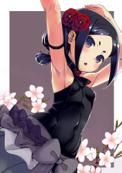 Rule 34 | 10s, 1girl, arm strap, armpits, arms up, black hair, black shirt, blush, border, breasts, brown background, cherry blossoms, chestnut mouth, commentary request, covered navel, floral background, flower, gigokku, hair flower, hair ornament, highres, outside border, parted bangs, princess principal, purple eyes, shirt, sleeveless, sleeveless shirt, small breasts, solo, thick eyebrows, toudou chise, triangle mouth