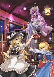 Rule 34 | 3girls, alice margatroid, barefoot, blonde hair, blue eyes, crescent, female focus, hat, kirisame marisa, long hair, magic, multiple girls, open mouth, patchouli knowledge, purple eyes, purple hair, short hair, sitting, smile, teasing, the hermit, the hermit (artist), touhou, witch, witch hat, yellow eyes