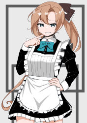 Rule 34 | 1girl, absurdres, akigumo (kancolle), alternate costume, apron, black dress, blue bow, blue bowtie, bow, bowtie, brown hair, brown ribbon, cowboy shot, dress, enmaided, finger to mouth, green eyes, grin, hair ribbon, hand on own hip, highres, kantai collection, long hair, looking at viewer, maid, maid apron, ponytail, ribbon, smile, solo, tokiwa senkei