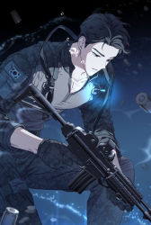 Rule 34 | 1boy, air bubble, assault rifle, black hair, bubble, bullet, camouflage, camouflage gloves, character request, collarbone, commentary request, daewoo k2, eoduun badaui deungbul-i doeeo, gloves, glowing jewelry, gun, highres, holding, holding gun, holding weapon, jewelry, korean commentary, male focus, naan dmj, necklace, on one knee, parted lips, pectoral cleavage, pectorals, solo, south korean flag, underwater, water, weapon, weapon request