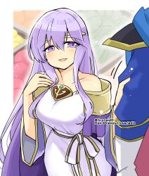 Rule 34 | 1boy, 1girl, bare shoulders, blue cape, breasts, brother and sister, cape, circlet, dress, fire emblem, fire emblem: genealogy of the holy war, holding another&#039;s arm, jewelry, julia (fire emblem), medium breasts, nintendo, open mouth, purple cape, purple eyes, purple hair, sash, seliph (fire emblem), siblings, wide sleeves, yukia (firstaid0)