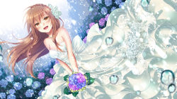 Rule 34 | 1girl, blush, bouquet, breasts, bride, brown eyes, brown hair, cleavage, dress, flower, holding, holding bouquet, hydrangea, jewelry, kirisita, large breasts, lips, long hair, looking at viewer, necklace, off-shoulder dress, off shoulder, open mouth, original, smile, solo, water drop, wedding dress, white dress