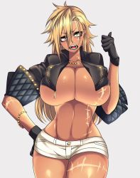 Rule 34 | 1girl, bad id, bad twitter id, black gloves, blonde hair, bracelet, breasts, cropped jacket, dark-skinned female, dark skin, female focus, gloves, huge breasts, hz (666v), jacket, jewelry, long hair, necklace, open clothes, open jacket, open mouth, scar, scar across eye, scar on face, short shorts, shorts, solo, vecky (camui kamui), yellow eyes