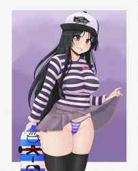 Rule 34 | 1girl, absurdres, akiyama mio, black eyes, black hair, black shirt, black thighhighs, blue panties, breasts, clothes lift, commission, grey skirt, grin, hat, highres, k-on!, large breasts, long hair, long sleeves, looking at viewer, multicolored clothes, multicolored panties, multicolored shirt, panties, parted lips, pleated skirt, shirt, skateboard, skirt, skirt lift, smile, solo, striped clothes, striped panties, striped shirt, teeth, thick thighs, thighhighs, thighs, underwear, vans, white panties, white shirt, young savage