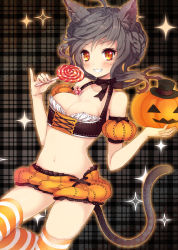 Rule 34 | 1girl, animal ears, bare shoulders, blush, breasts, brown eyes, brown hair, candy, cat ears, cat tail, cleavage, cross-laced clothes, detached sleeves, food, highres, jack-o&#039;-lantern, juke, lollipop, medium breasts, navel, original, pinky out, plaid, plaid background, puffy detached sleeves, puffy short sleeves, puffy sleeves, short hair, short sleeves, smile, solo, sparkle, striped clothes, striped thighhighs, swirl lollipop, tail, thighhighs