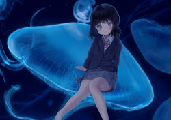 Rule 34 | 1girl, arm support, black hair, black jacket, blazer, blush, bow, brown bow, closed mouth, collared shirt, commentary request, feet out of frame, grey eyes, grey skirt, jacket, jellyfish, knees together feet apart, long sleeves, looking at viewer, mimikaki (men bow), original, pleated skirt, school uniform, shirt, skirt, smile, solo, white shirt