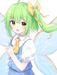 Rule 34 | 1girl, ahoge, ascot, blue vest, collared shirt, commentary, daiyousei, fairy wings, green eyes, highres, looking at viewer, medium hair, open mouth, own hands together, shiisaa3, shirt, short sleeves, side ponytail, simple background, solo, touhou, vest, white background, white shirt, wings, yellow ascot