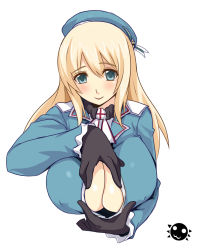 Rule 34 | 10s, 1girl, aqua eyes, atago (kancolle), beret, black gloves, blonde hair, blush, breasts, center opening, cleavage, covered erect nipples, darkmaya, gloves, hat, highres, kantai collection, large breasts, long hair, military, military uniform, paizuri invitation, personification, ribbon, sexually suggestive, simple background, smile, solo, uniform, upper body, white background