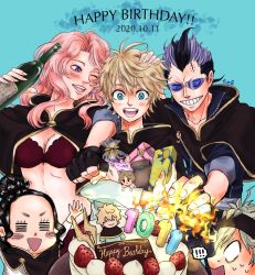 Rule 34 | 2girls, 3boys, asta (black clover), birthday, black clover, black hair, blonde hair, blue eyes, breasts, charmy pappitson, cleavage, highres, large breasts, long hair, luck voltia, magna swing, marie adlai, multiple boys, multiple girls, one eye closed, pink hair, purple eyes, smile, vanessa enoteca