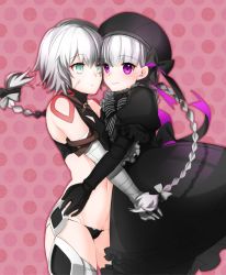 Rule 34 | 10s, 2girls, alice (fate), blue eyes, fate/apocrypha, fate/extra, fate/grand order, fate (series), hat, highres, hug, jack the ripper (fate/apocrypha), long hair, md5 mismatch, midriff, multiple girls, nursery rhyme (fate), nursery rhyme (fate/grand order), purple eyes, resized, resolution mismatch, scar, short hair, source larger, ycco (estrella)